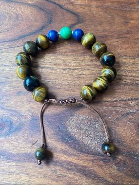 Tiger Eye and Accent Bead Bracelet — Green & Blue Accents